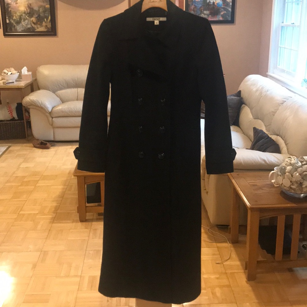 DKNY Wool Blend Black Long Trench Coat Jacket